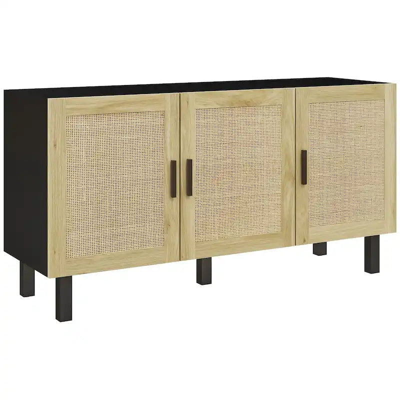Sideboard Buffet Cabinet, Kitchen Cabinet, Coffee Bar Cabinet with 3 Rattan Doors and Adjustable Shelves, Black and Natural