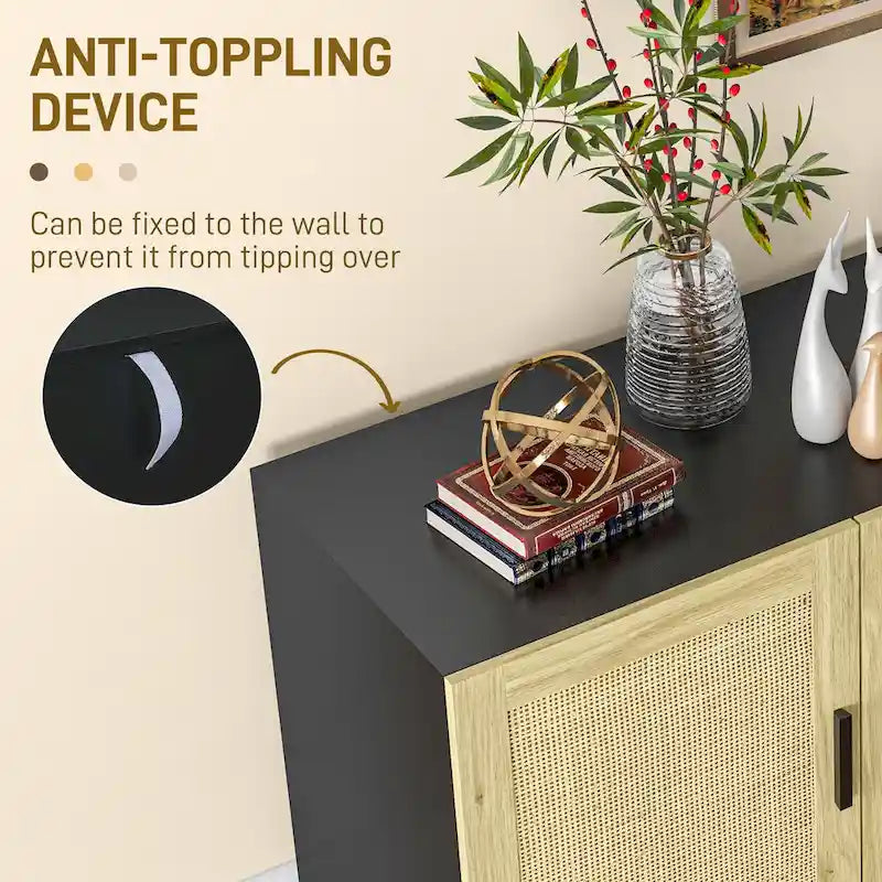 Sideboard Buffet Cabinet, Kitchen Cabinet, Coffee Bar Cabinet with 3 Rattan Doors and Adjustable Shelves, Black and Natural