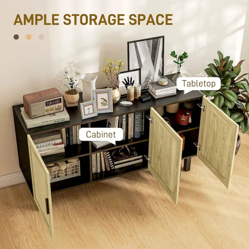 Sideboard Buffet Cabinet, Kitchen Cabinet, Coffee Bar Cabinet with 3 Rattan Doors and Adjustable Shelves, Black and Natural