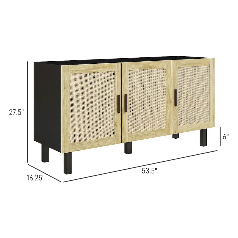 Sideboard Buffet Cabinet, Kitchen Cabinet, Coffee Bar Cabinet with 3 Rattan Doors and Adjustable Shelves, Black and Natural