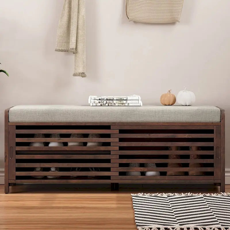 43.30 Solid Wood Storage Bench with Contemporary Distressed Blinds