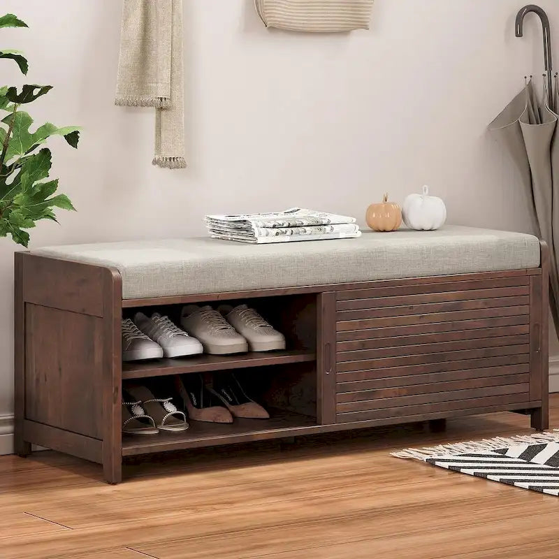 43.30 Solid Wood Storage Bench with Contemporary Distressed Blinds