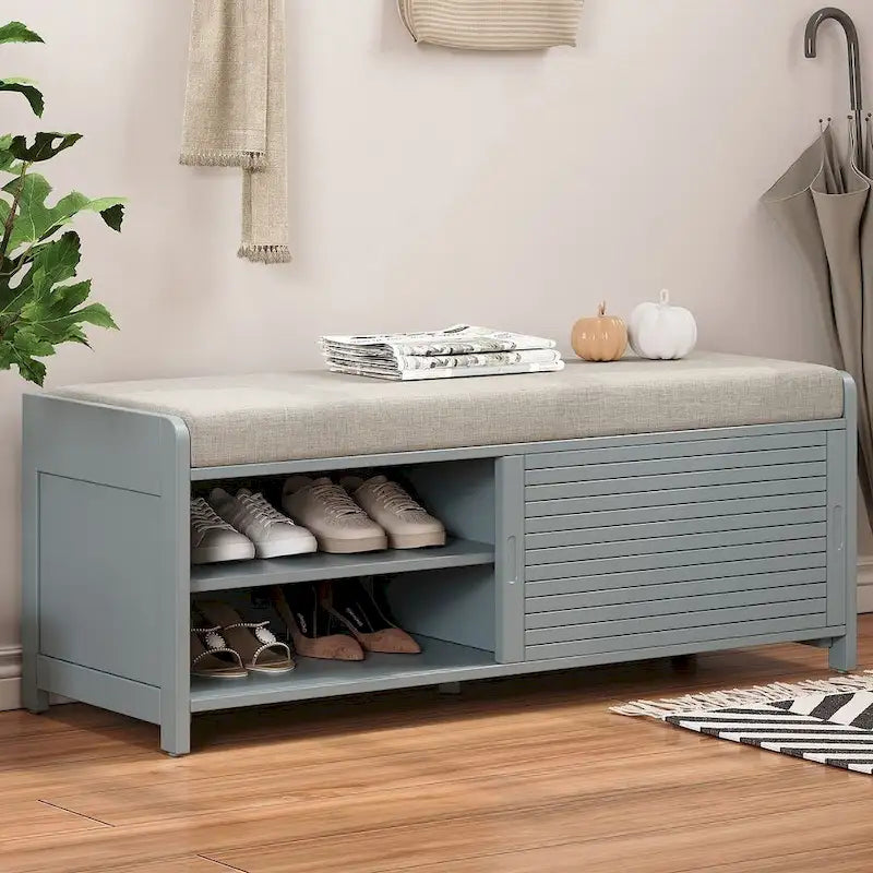 43.30 Solid Wood Storage Bench with Contemporary Distressed Blinds