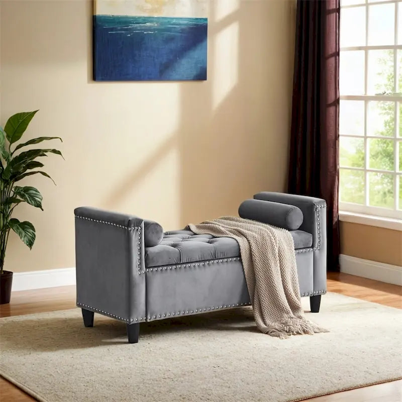 Storage Bench,44.5-Inch Queen Velvet Button Bedside Bench w/Armrests