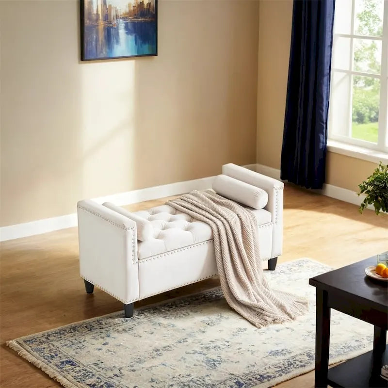 Storage Bench,44.5-Inch Queen Velvet Button Bedside Bench w/Armrests