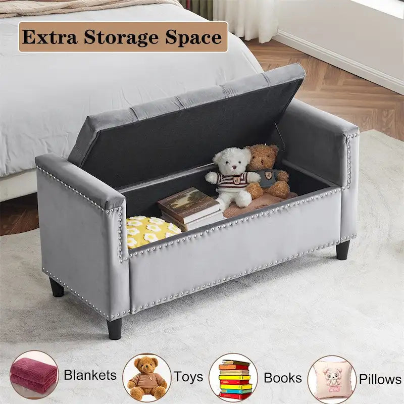 Storage Bench,44.5-Inch Queen Velvet Button Bedside Bench w/Armrests