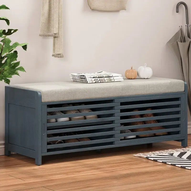Distressed Shutter Storage Bench with Acacia Veneer