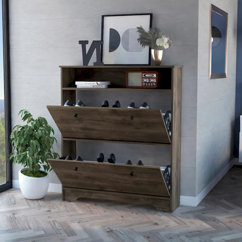 Shoe Rack , One Open Shelf, Two Extendable Cabinets