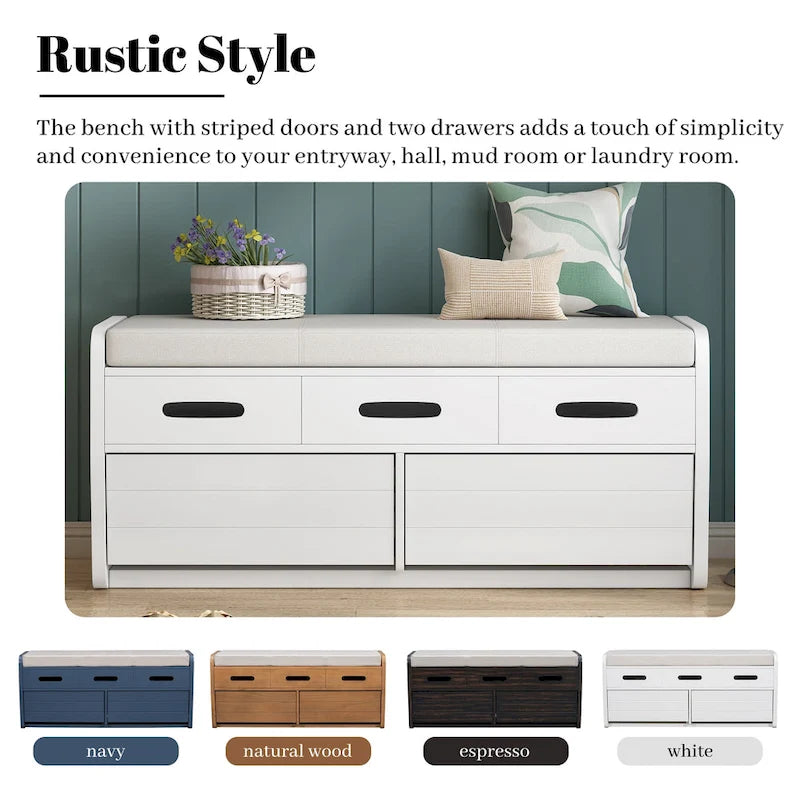 Rustic Storage Bench with 2 Drawers, Hidden Storage Space, and 3 False Drawers at the Top