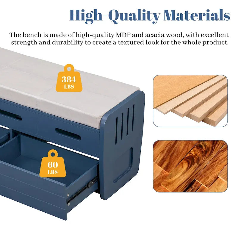 Rustic Storage Bench with 2 Drawers, Hidden Storage Space, and 3 False Drawers at the Top