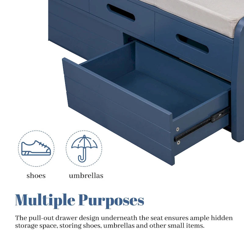 Rustic Storage Bench with 2 Drawers, Hidden Storage Space, and 3 False Drawers at the Top