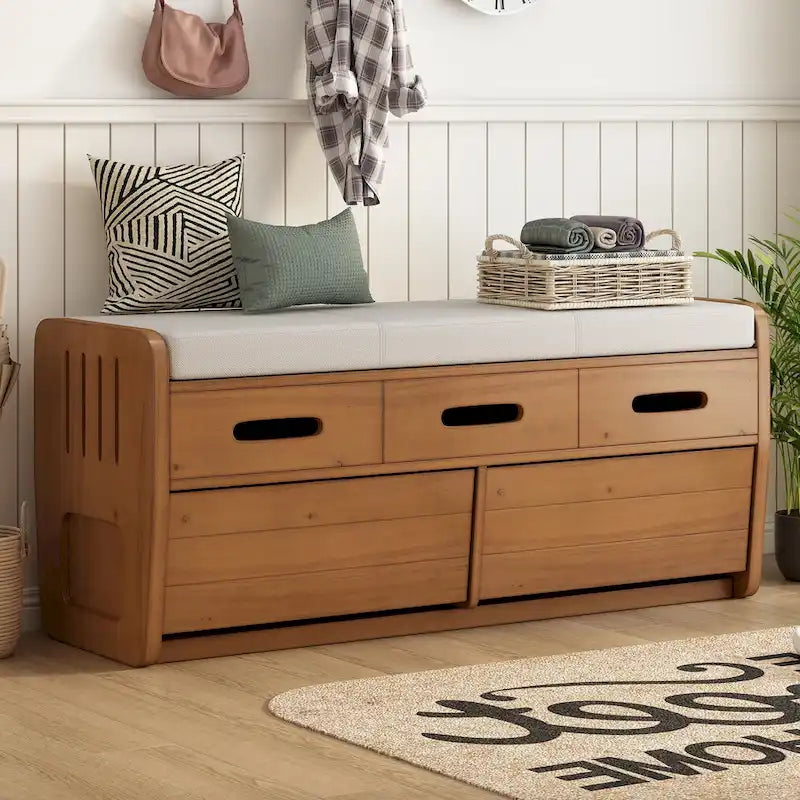Rustic Storage Bench with 2 Drawers, Hidden Storage Space, and 3 False Drawers at the Top