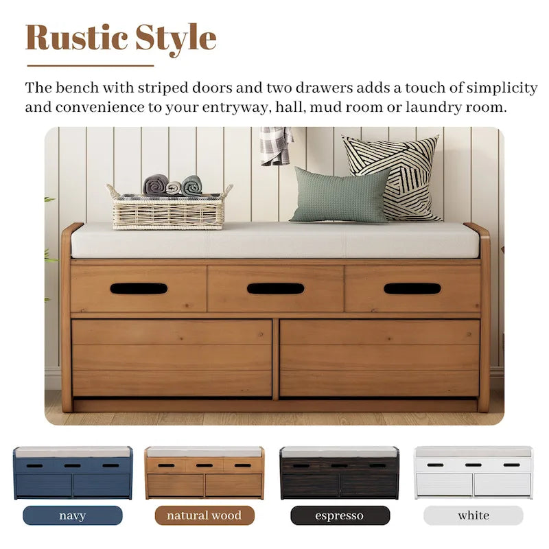Rustic Storage Bench with 2 Drawers, Hidden Storage Space, and 3 False Drawers at the Top