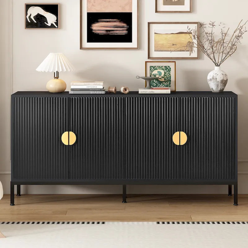 Exquisite Vertical-Striped Four-Door Sideboard with Sturdy Metal Legs and Semi-Circular Handles, for Entryway and Living Room