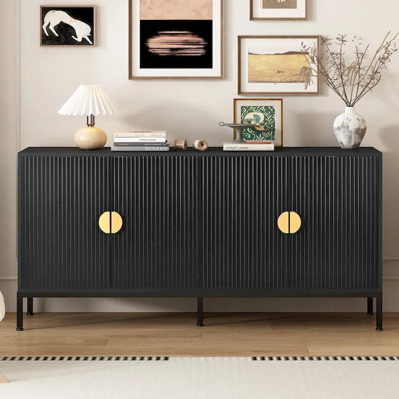Exquisite Vertical-Striped Four-Door Sideboard with Sturdy Metal Legs and Semi-Circular Handles, for Entryway and Living Room