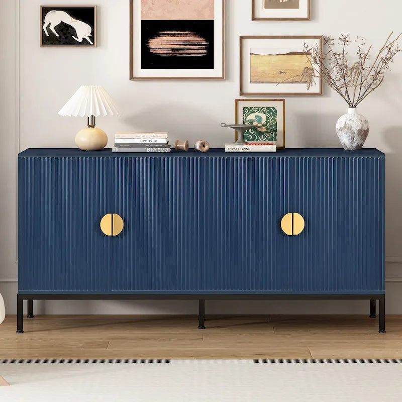 Exquisite Vertical-Striped Four-Door Sideboard with Sturdy Metal Legs and Semi-Circular Handles, for Entryway and Living Room