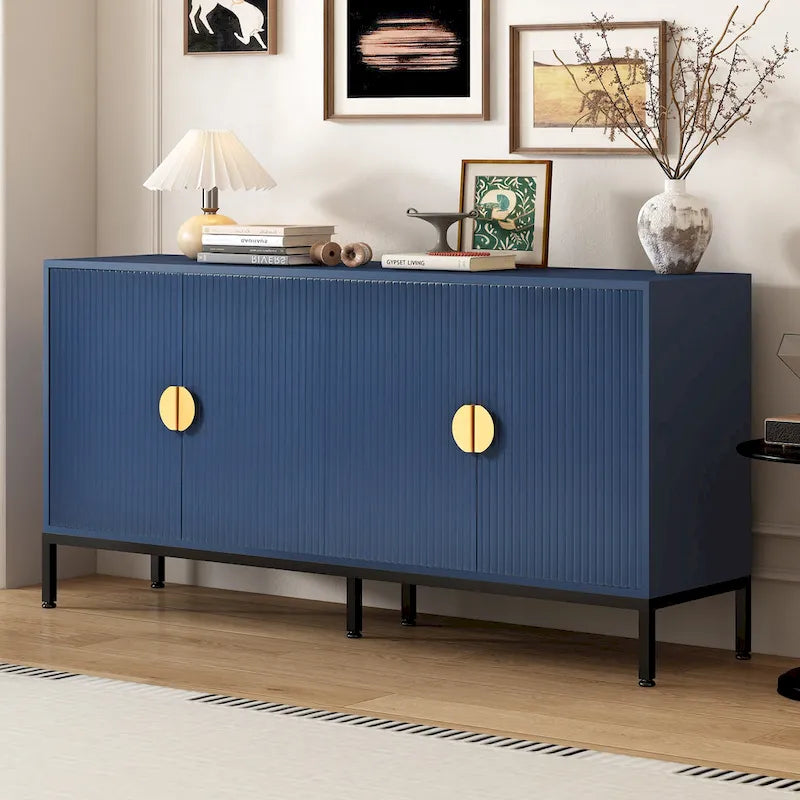 Exquisite Vertical-Striped Four-Door Sideboard with Sturdy Metal Legs and Semi-Circular Handles, for Entryway and Living Room