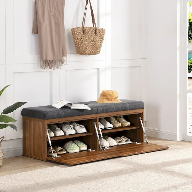 49 Shoe Storage Bench Entryway Shoe Cabinet Storage Ottoman with Padded Seat Cushion and Double Doors for Entryway, Bedroom