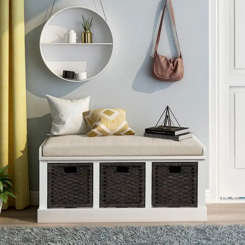 Rustic Storage Bench with 3 Removable Classic Rattan Basket , Entryway Bench Storage Bench with Removable Cushion
