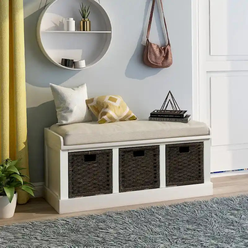 Rustic Storage Bench with 3 Removable Classic Rattan Basket , Entryway Bench Storage Bench with Removable Cushion