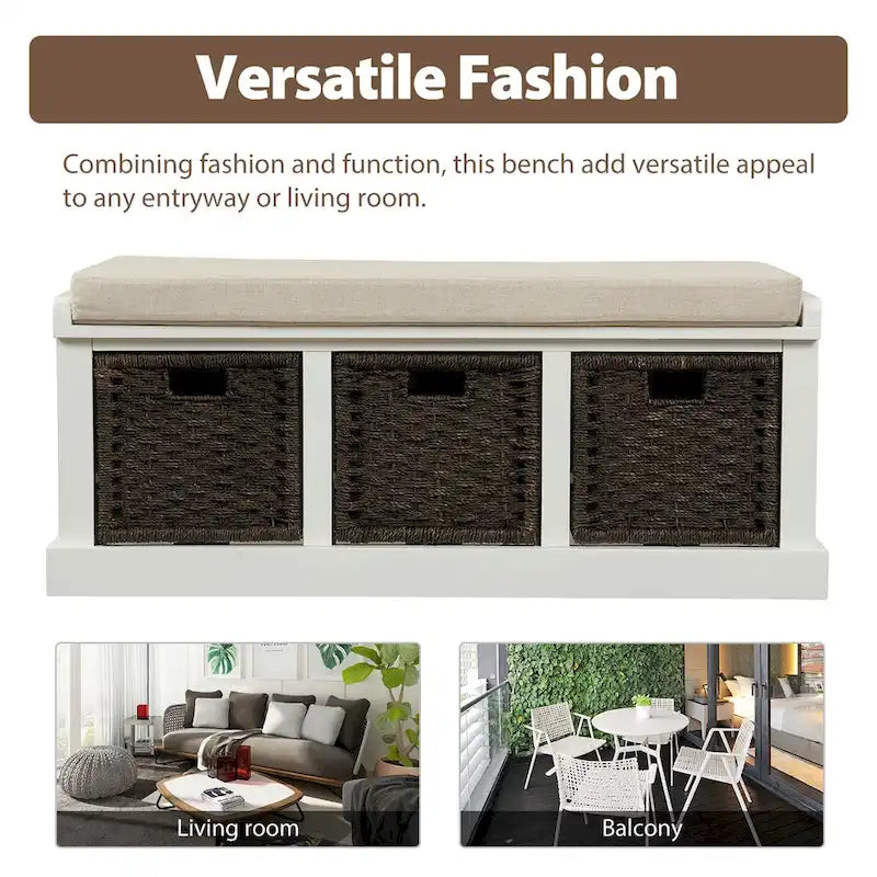 Rustic Storage Bench with 3 Removable Classic Rattan Basket , Entryway Bench Storage Bench with Removable Cushion