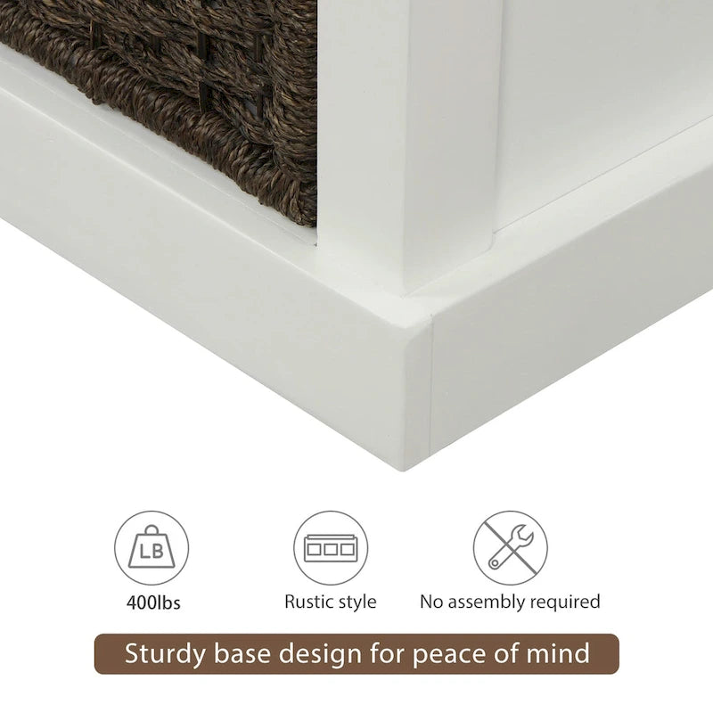 Rustic Storage Bench with 3 Removable Classic Rattan Basket , Entryway Bench Storage Bench with Removable Cushion