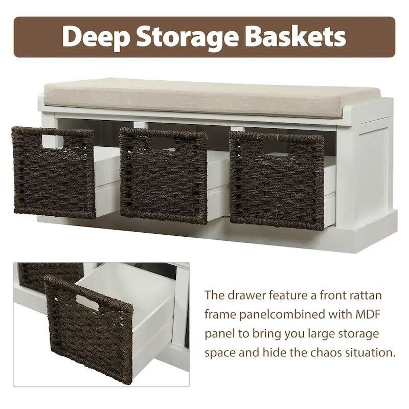 Rustic Storage Bench with 3 Removable Classic Rattan Basket , Entryway Bench Storage Bench with Removable Cushion