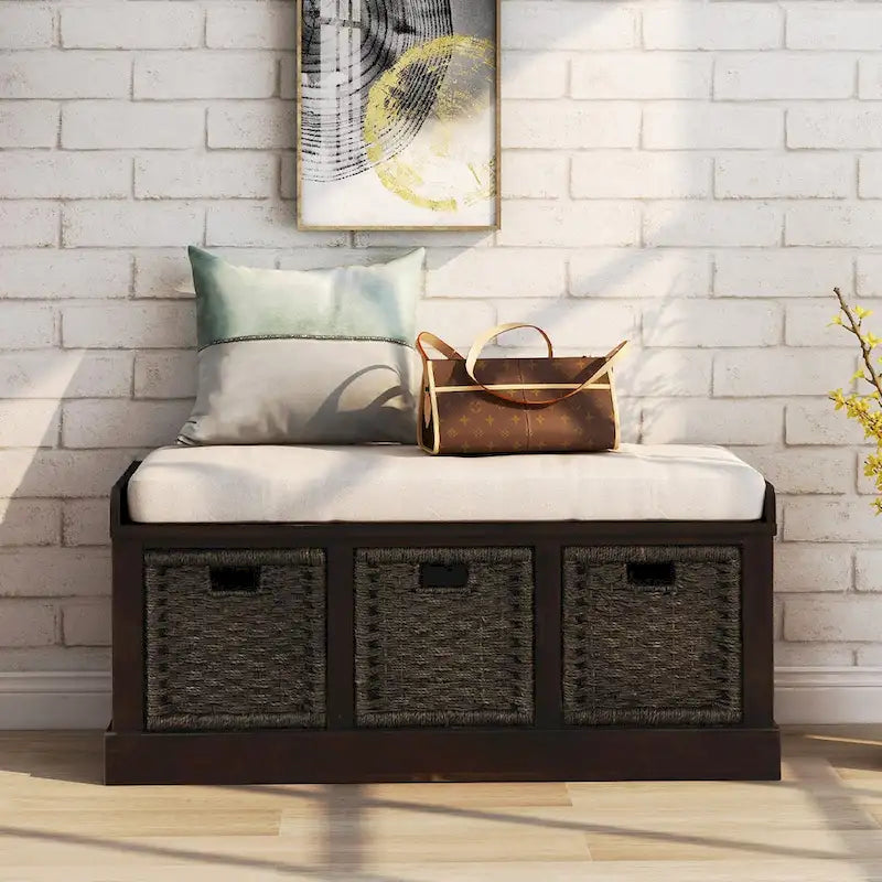 Rustic Storage Bench with 3 Removable Classic Rattan Basket , Entryway Bench Storage Bench with Removable Cushion
