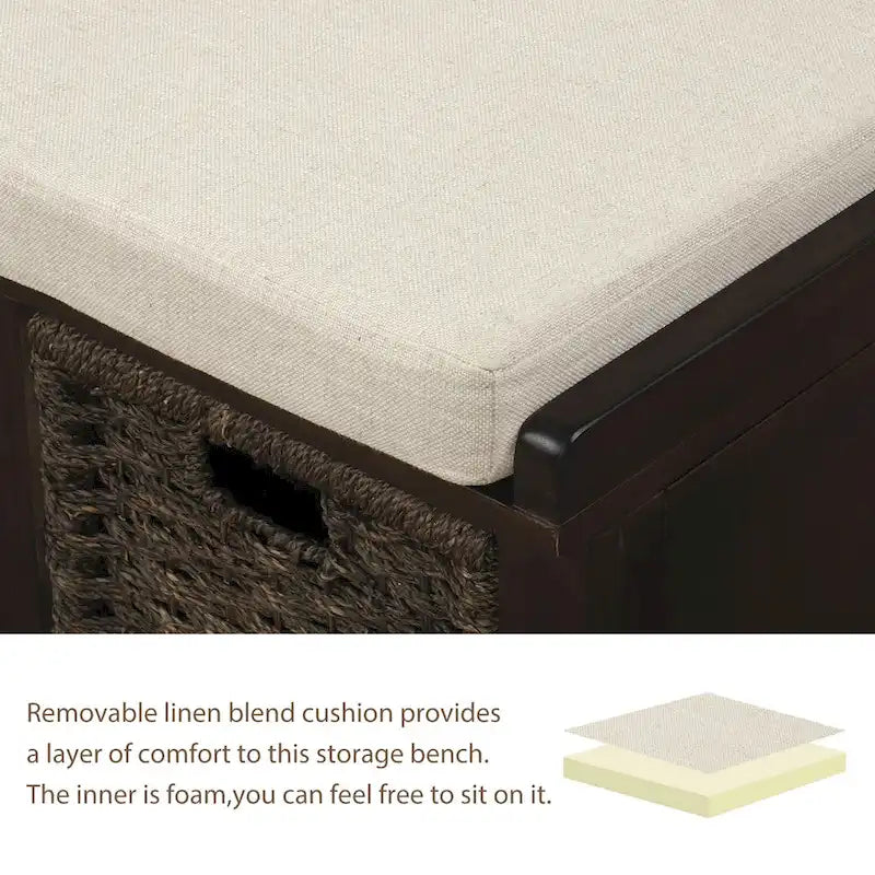Rustic Storage Bench with 3 Removable Classic Rattan Basket , Entryway Bench Storage Bench with Removable Cushion