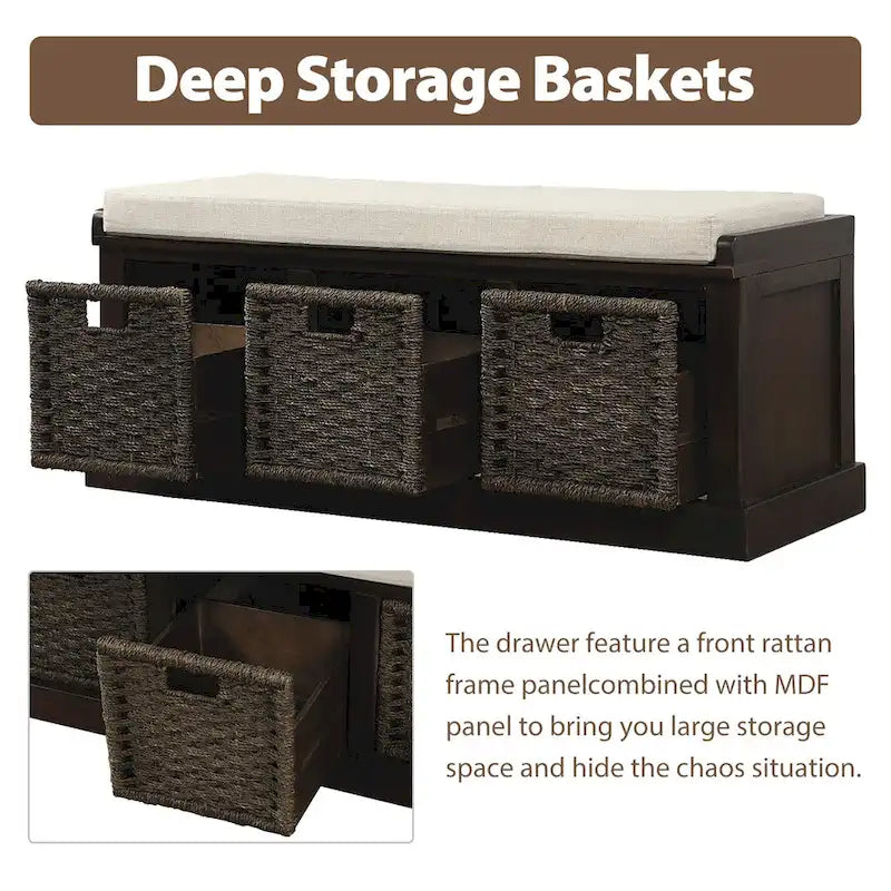 Rustic Storage Bench with 3 Removable Classic Rattan Basket , Entryway Bench Storage Bench with Removable Cushion