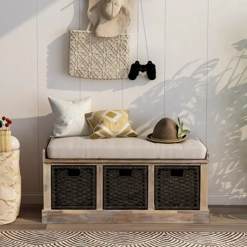 Rustic Storage Bench with 3 Removable Classic Rattan Basket , Entryway Bench Storage Bench with Removable Cushion