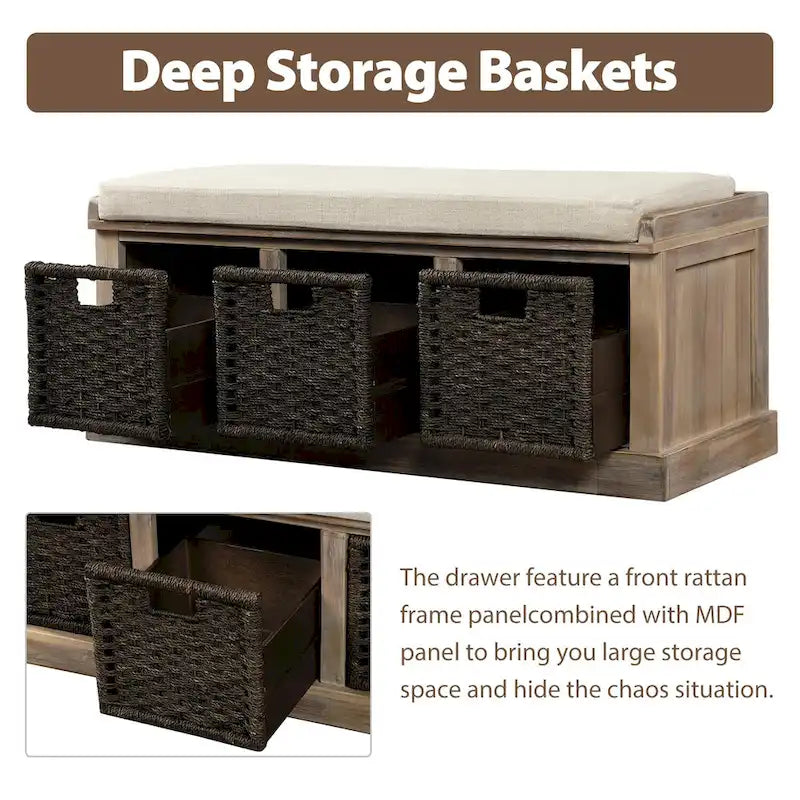 Rustic Storage Bench with 3 Removable Classic Rattan Basket , Entryway Bench Storage Bench with Removable Cushion