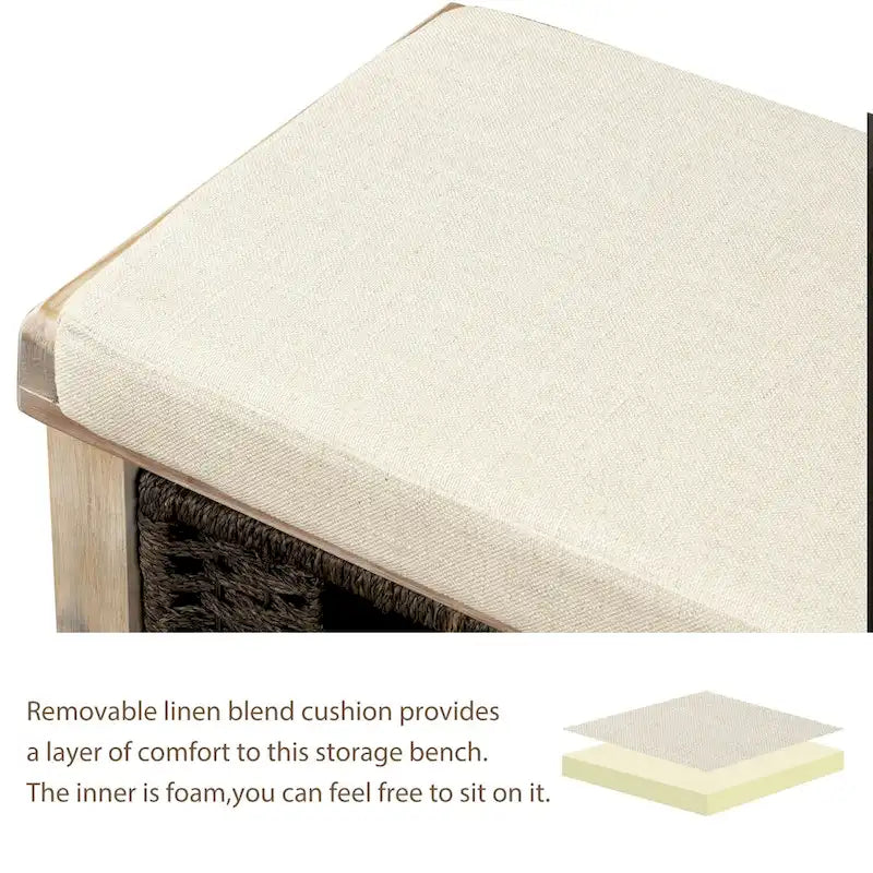 Rustic Storage Bench with 3 Removable Classic Rattan Basket , Entryway Bench Storage Bench with Removable Cushion