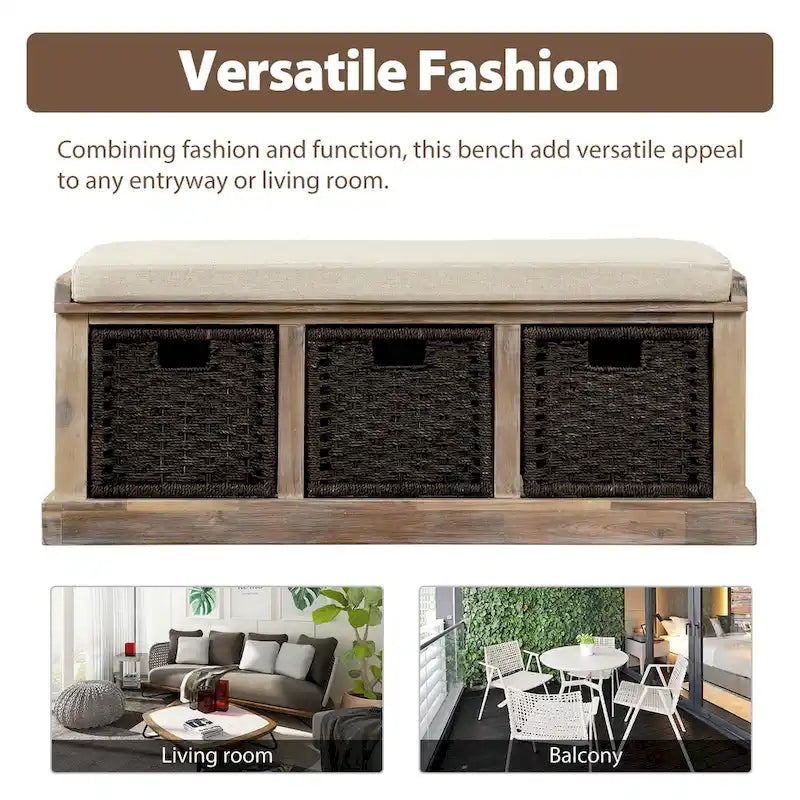 Rustic Storage Bench with 3 Removable Classic Rattan Basket , Entryway Bench Storage Bench with Removable Cushion