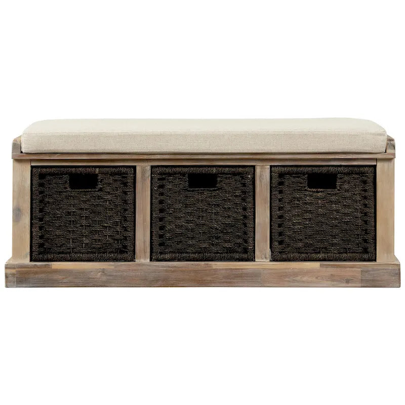 Rustic Storage Bench with 3 Removable Classic Rattan Basket , Entryway Bench Storage Bench with Removable Cushion