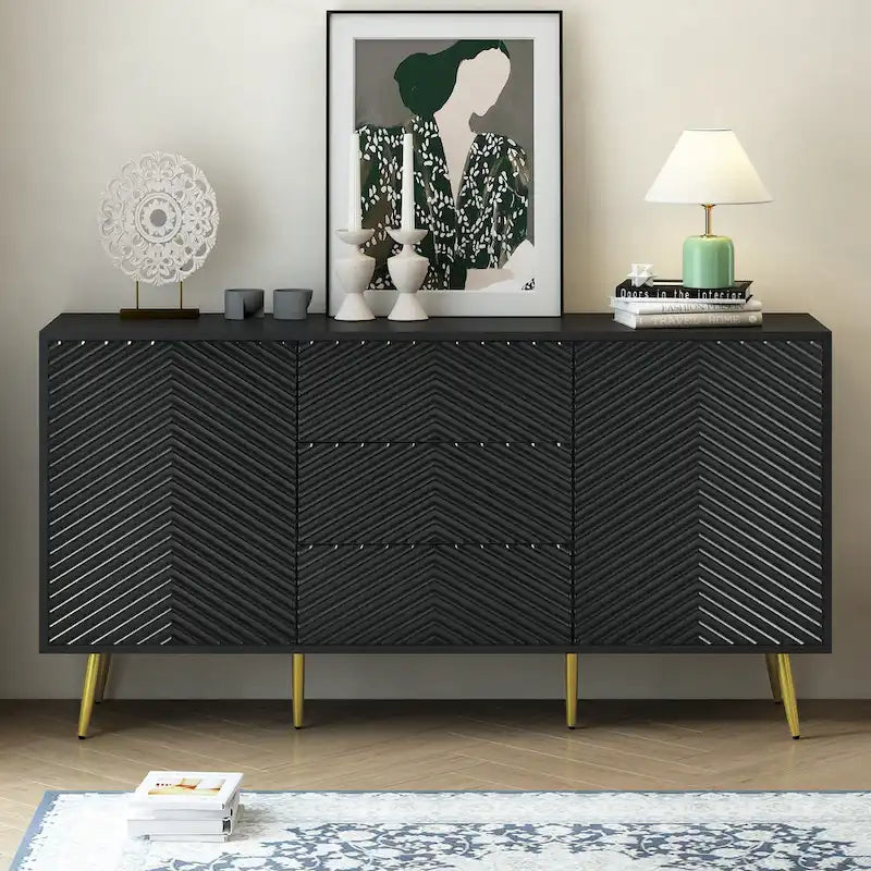 Sideboard with Geometric Line Design, Conical Metal Legs, and Central Drawers for Stylish Storage, for Entryway and Living Room