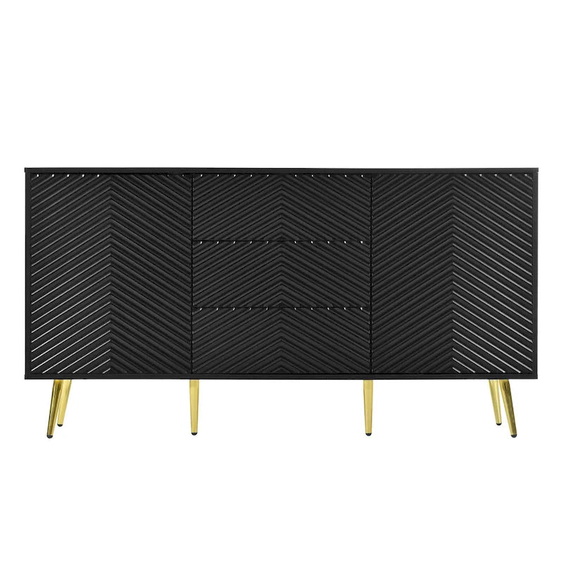 Sideboard with Geometric Line Design, Conical Metal Legs, and Central Drawers for Stylish Storage, for Entryway and Living Room