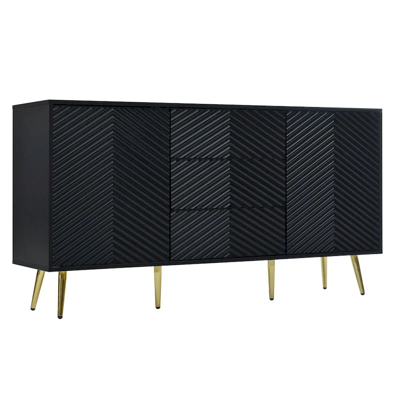 Sideboard with Geometric Line Design, Conical Metal Legs, and Central Drawers for Stylish Storage, for Entryway and Living Room
