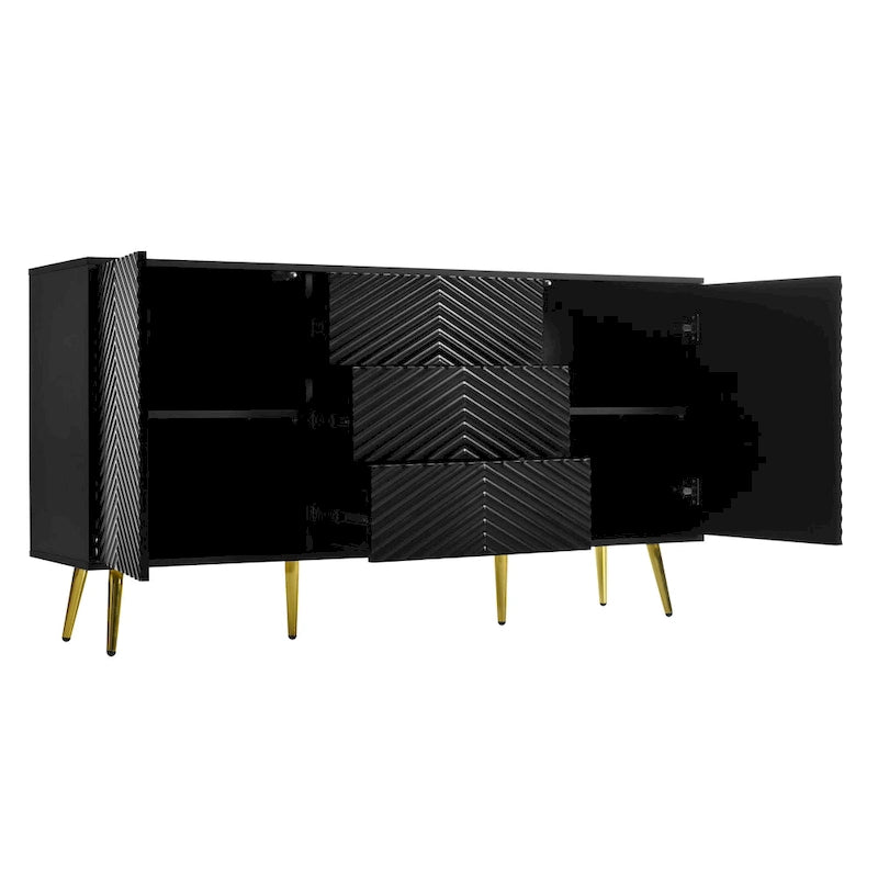 Sideboard with Geometric Line Design, Conical Metal Legs, and Central Drawers for Stylish Storage, for Entryway and Living Room