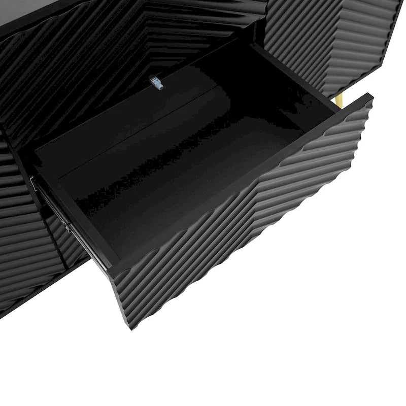 Sideboard with Geometric Line Design, Conical Metal Legs, and Central Drawers for Stylish Storage, for Entryway and Living Room