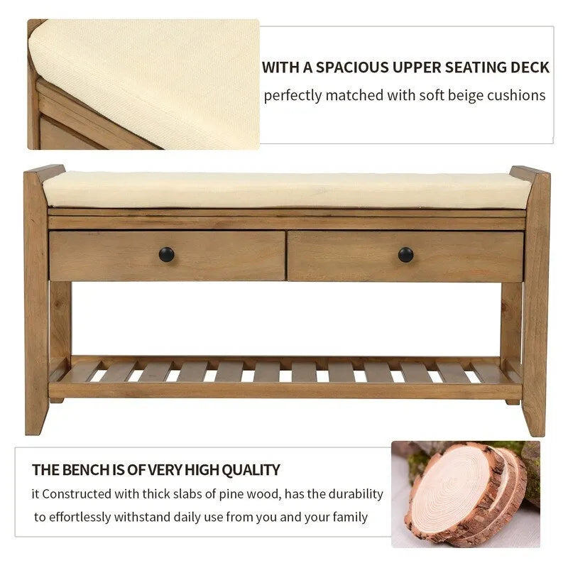 Entryway Storage Bench, Shoe Rack with Cushioned Seat and Drawers