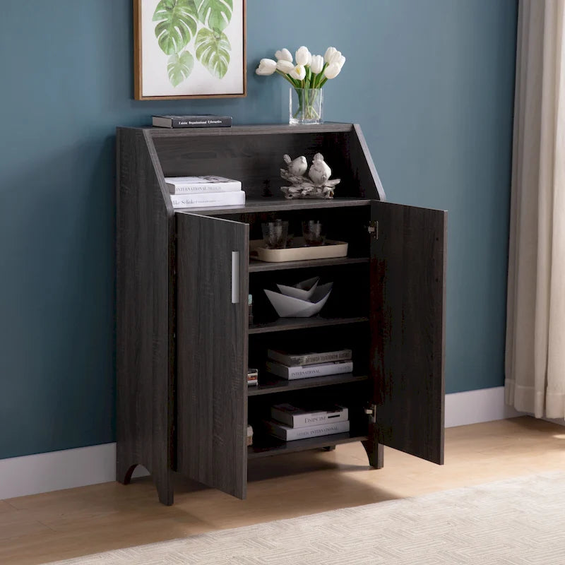 Wooden Two Door Shoe Cabinet with Four Interior Shelves fits 10 Pairs of Shoes for Living Room, Entryway, Bedroom