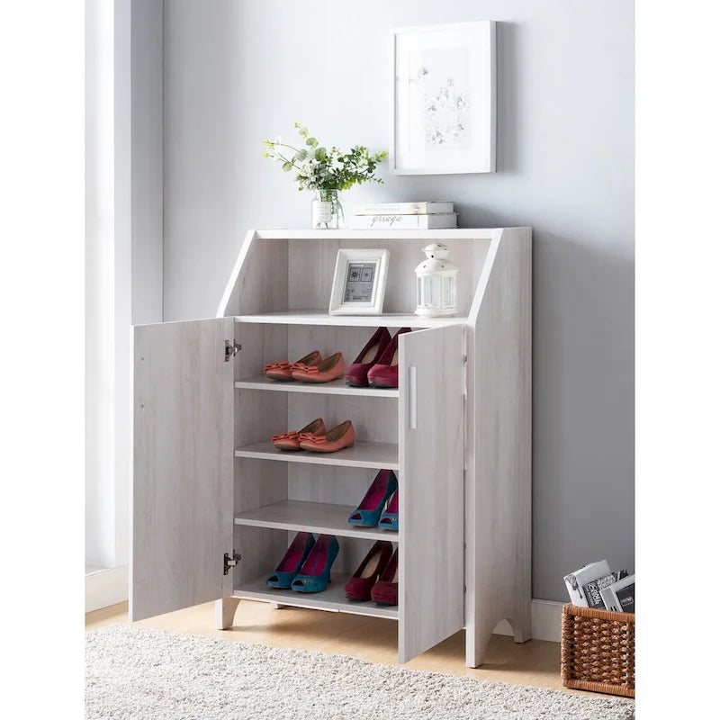 Wooden Two Door Shoe Cabinet with Four Interior Shelves fits 10 Pairs of Shoes for Living Room, Entryway, Bedroom