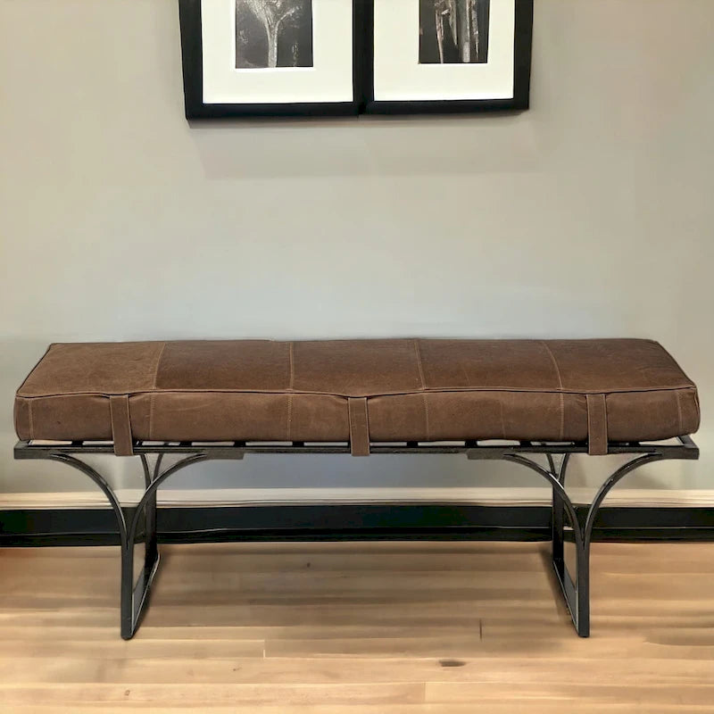 HomeRoots 55 Brown and Black Upholstered Genuine Leather Bench - 55