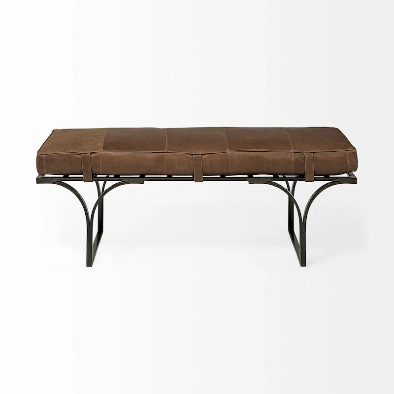 HomeRoots 55 Brown and Black Upholstered Genuine Leather Bench - 55