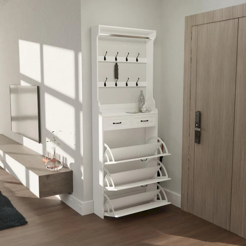 NEW White color shoe cabinet with 3 doors 2 drawers with hanger,large space for storage