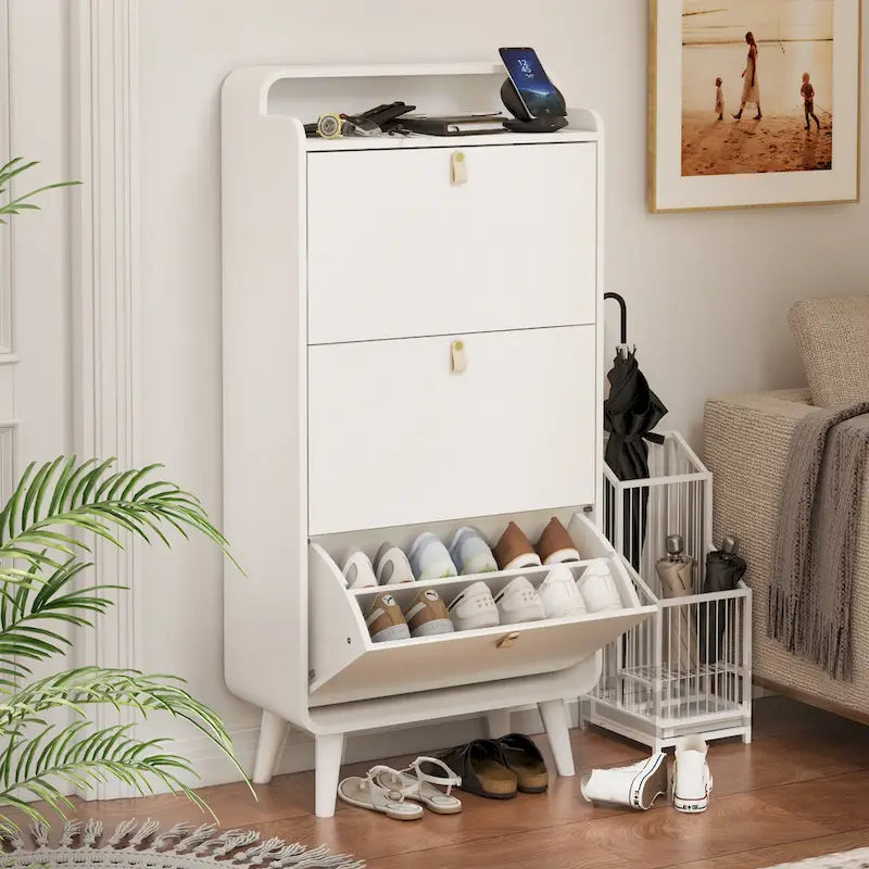 Modern Arc Design Shoe Cabinet With 3 Drawers,Shoe Storage Cabinet for Entryway,Outdoor,White Finish