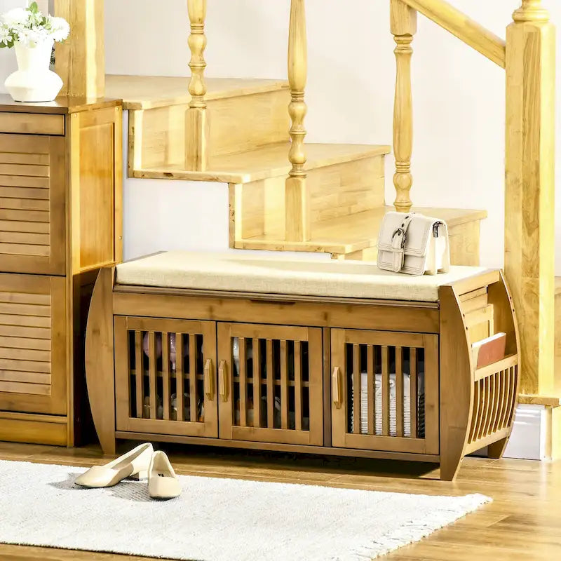 Shoe Bench with Storage Cabinets, Bamboo Entryway Bench with Seating Cushion, 3 Doors