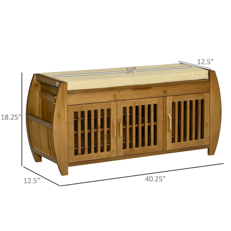 Shoe Bench with Storage Cabinets, Bamboo Entryway Bench with Seating Cushion, 3 Doors