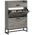Narrow Shoe Cabinet, Industrial Shoe Storage Cabinet with 2 Flip Drawers, Adjustable Shelves, and Top Drawer